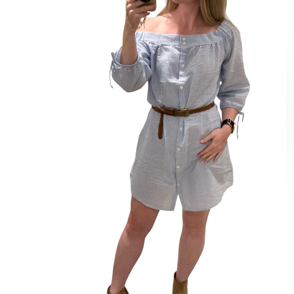 Love Notes OTS Oxford Dress, blue and white seersucker stripe, blouse style Med